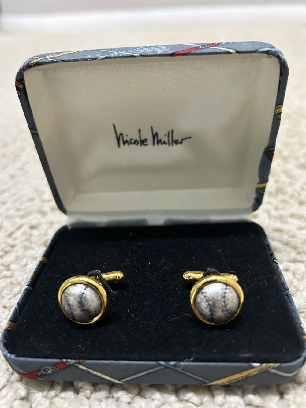 Nicole Miller Gold Tone Cufflinks with White Marble-Look Stone Baseballs.